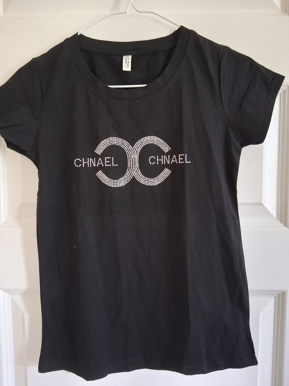 Black Crop Tee with Rhinestone Double-Circle Logo